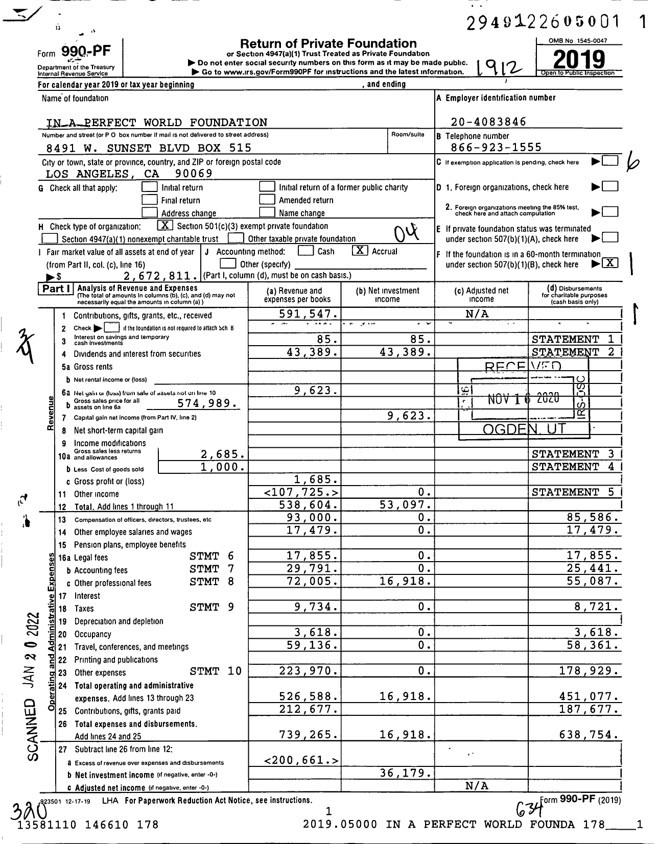 Image of first page of 2019 Form 990PF for In A Perfect World