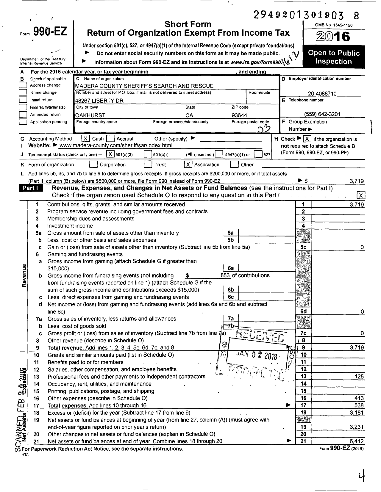 Image of first page of 2016 Form 990EZ for Madera County Sheriff's Search and Rescue