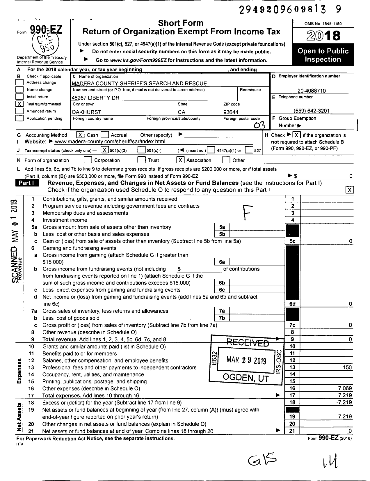 Image of first page of 2018 Form 990EZ for Madera County Sheriff's Search and Rescue