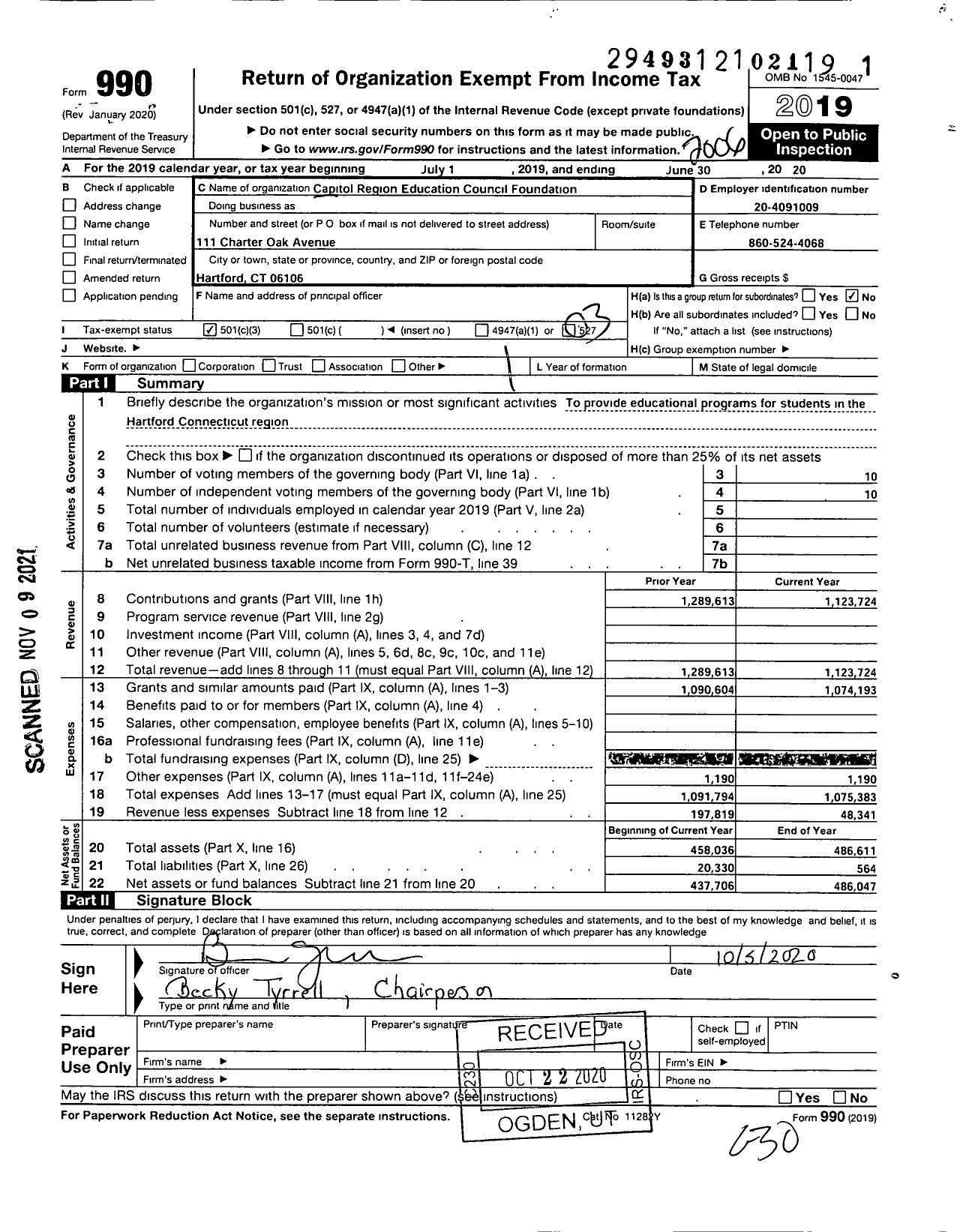 Image of first page of 2019 Form 990 for Capitol Region Education Councilfoundation