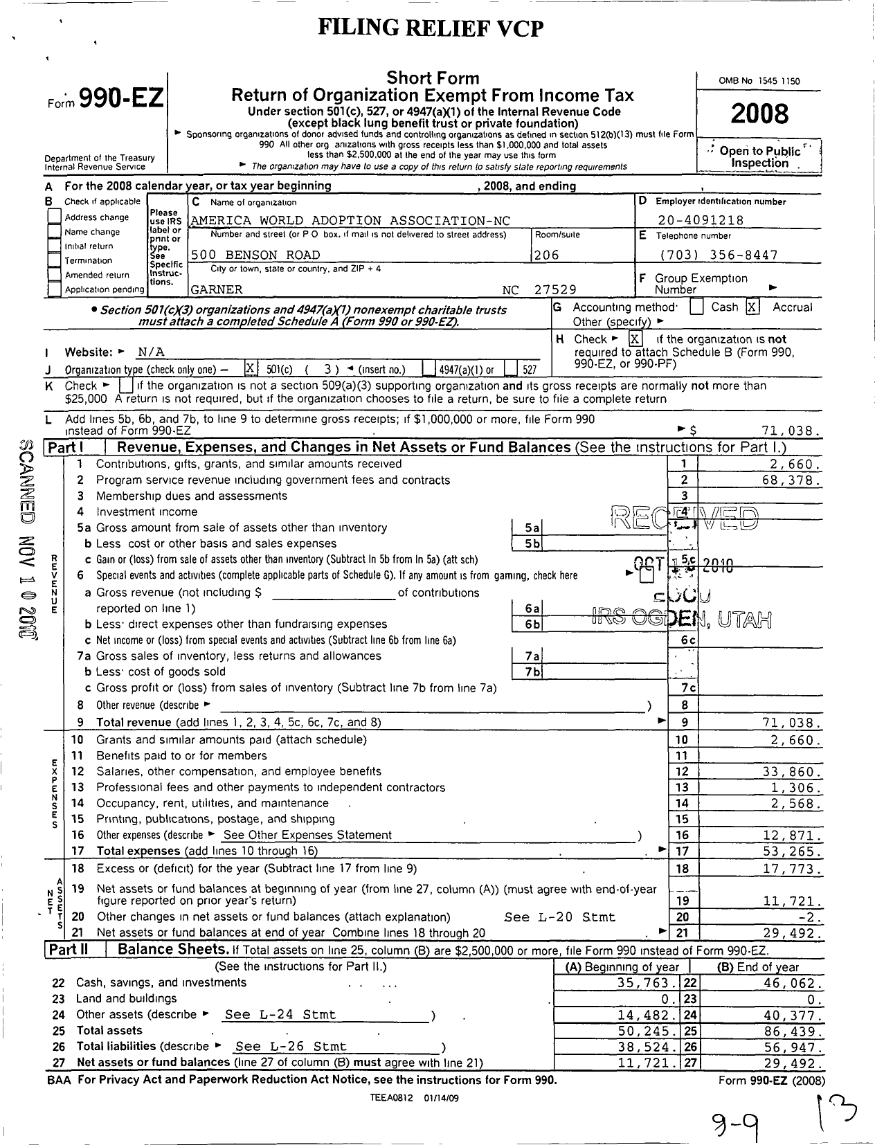 Image of first page of 2008 Form 990EZ for America World Adoption Association NC