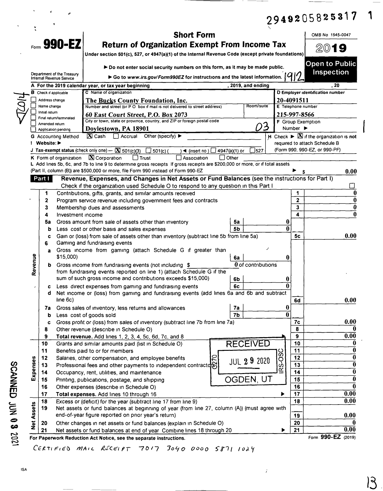 Image of first page of 2019 Form 990EZ for The Bucks County Foundation