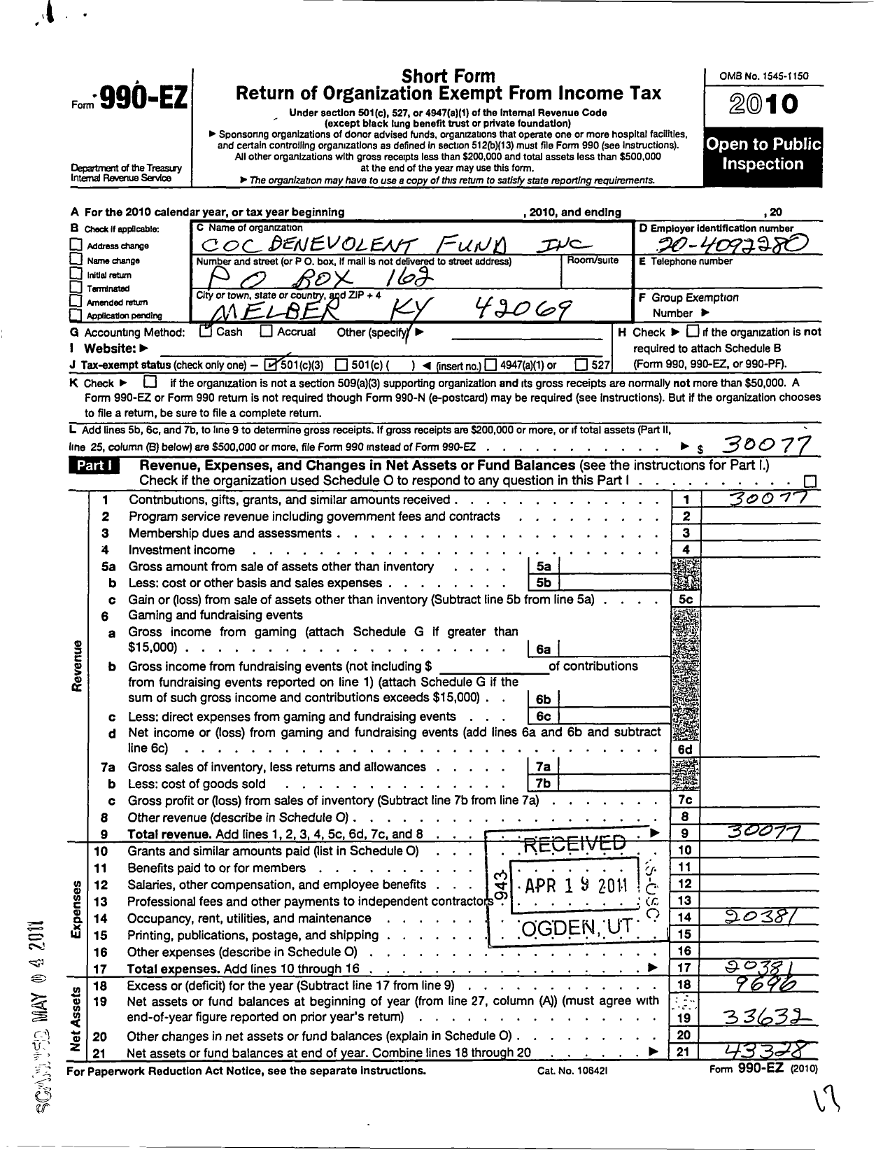 Image of first page of 2010 Form 990EZ for Bread of Life Ministries / Coc Benevolent Fund Inc