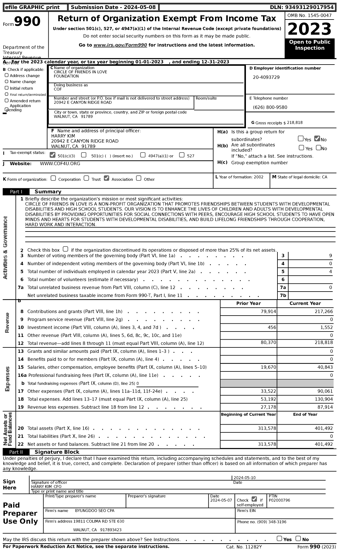 Image of first page of 2023 Form 990 for Cof / Circle of Friends in Love Foundation