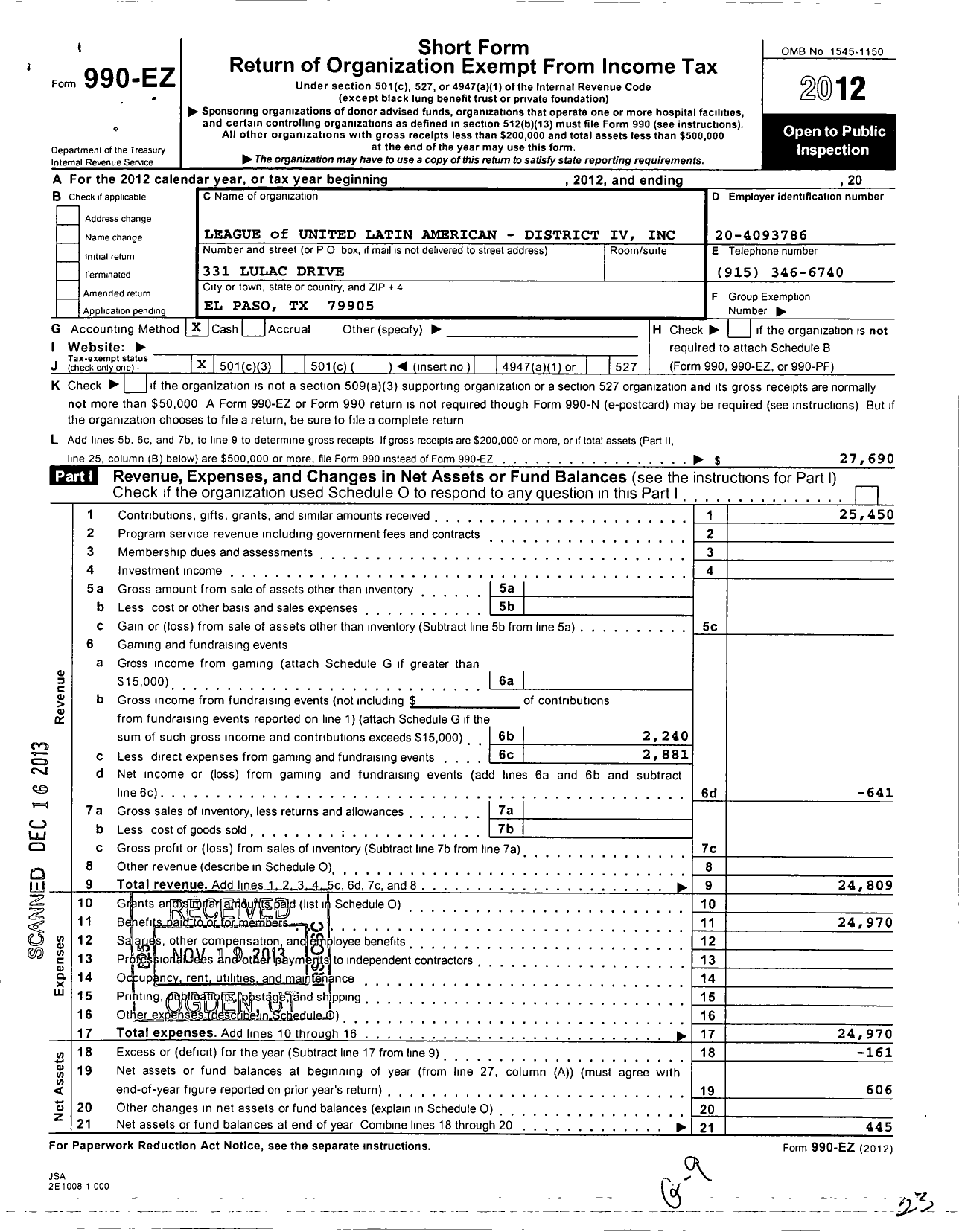 Image of first page of 2012 Form 990EZ for League of United Latin American Citizens District Iv