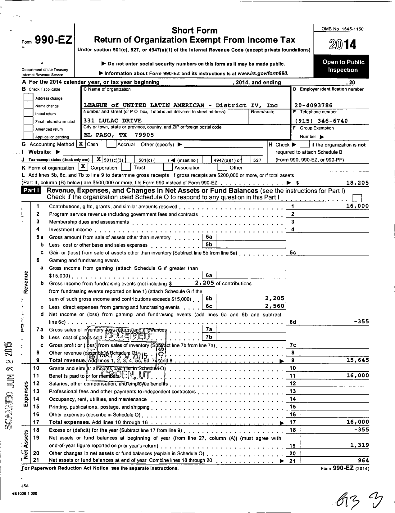 Image of first page of 2014 Form 990EZ for League of United Latin American Citizens District Iv