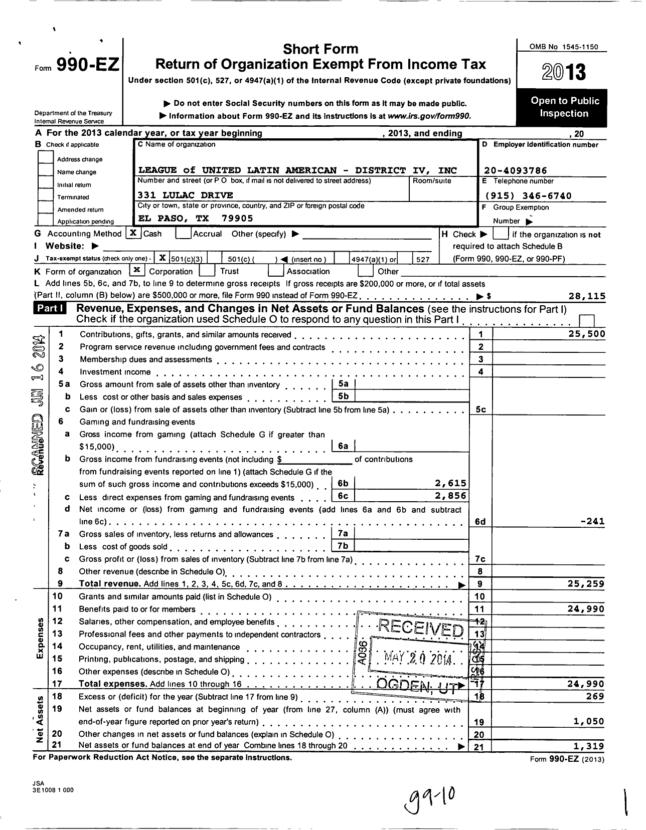 Image of first page of 2013 Form 990EZ for League of United Latin American Citizens District Iv