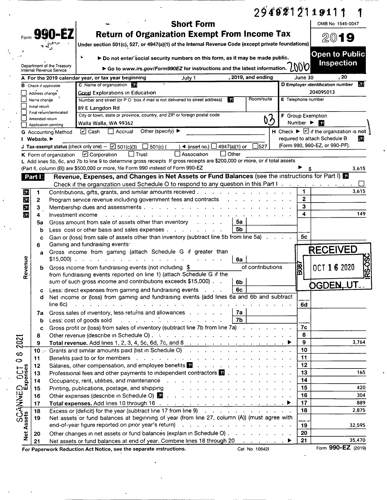 Image of first page of 2019 Form 990EZ for Great Explorations in Education