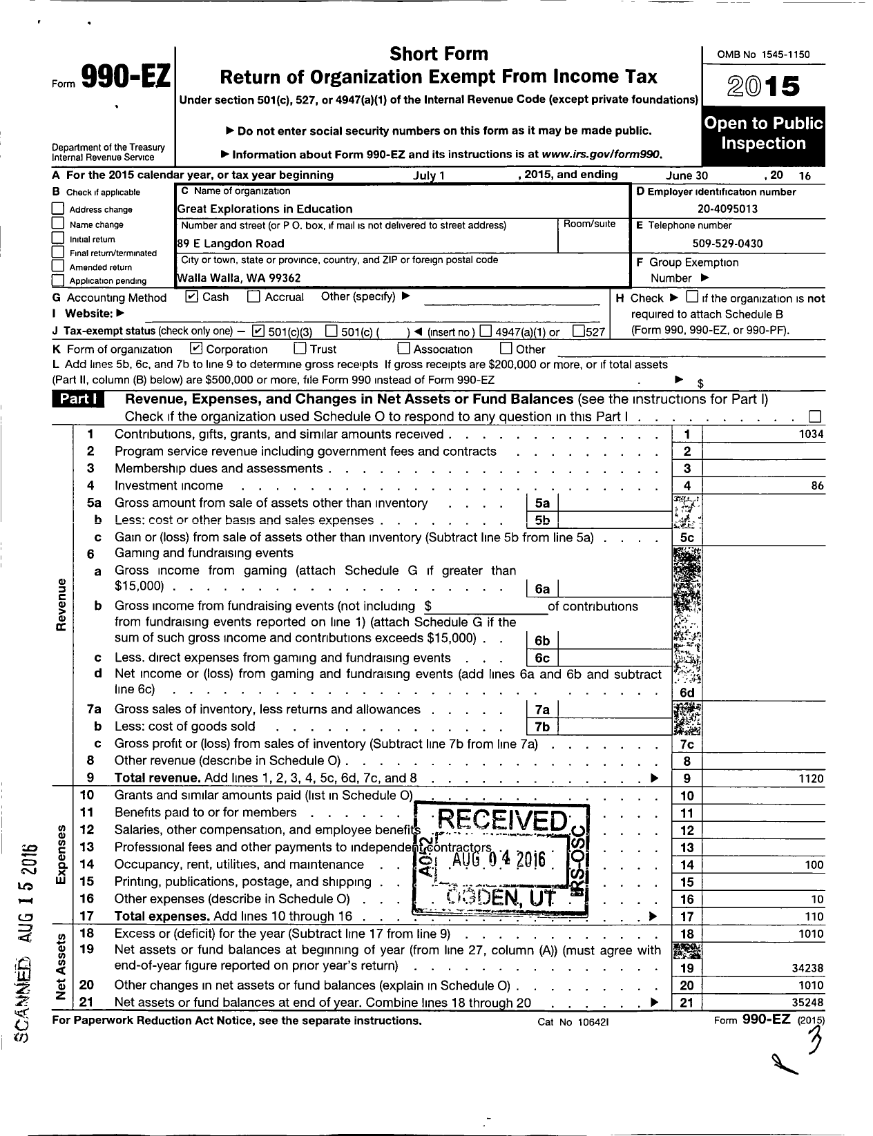 Image of first page of 2015 Form 990EZ for Great Explorations in Education