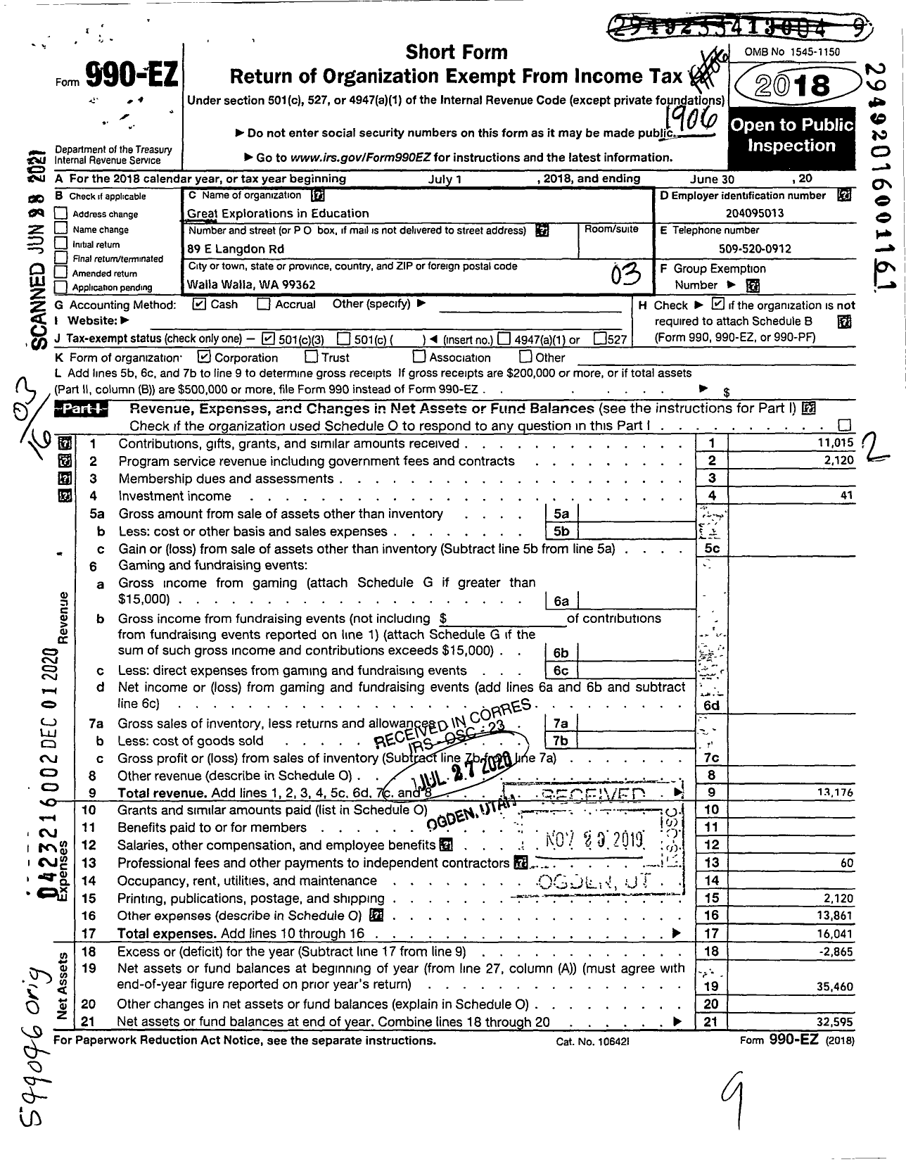 Image of first page of 2018 Form 990EZ for Great Explorations in Education