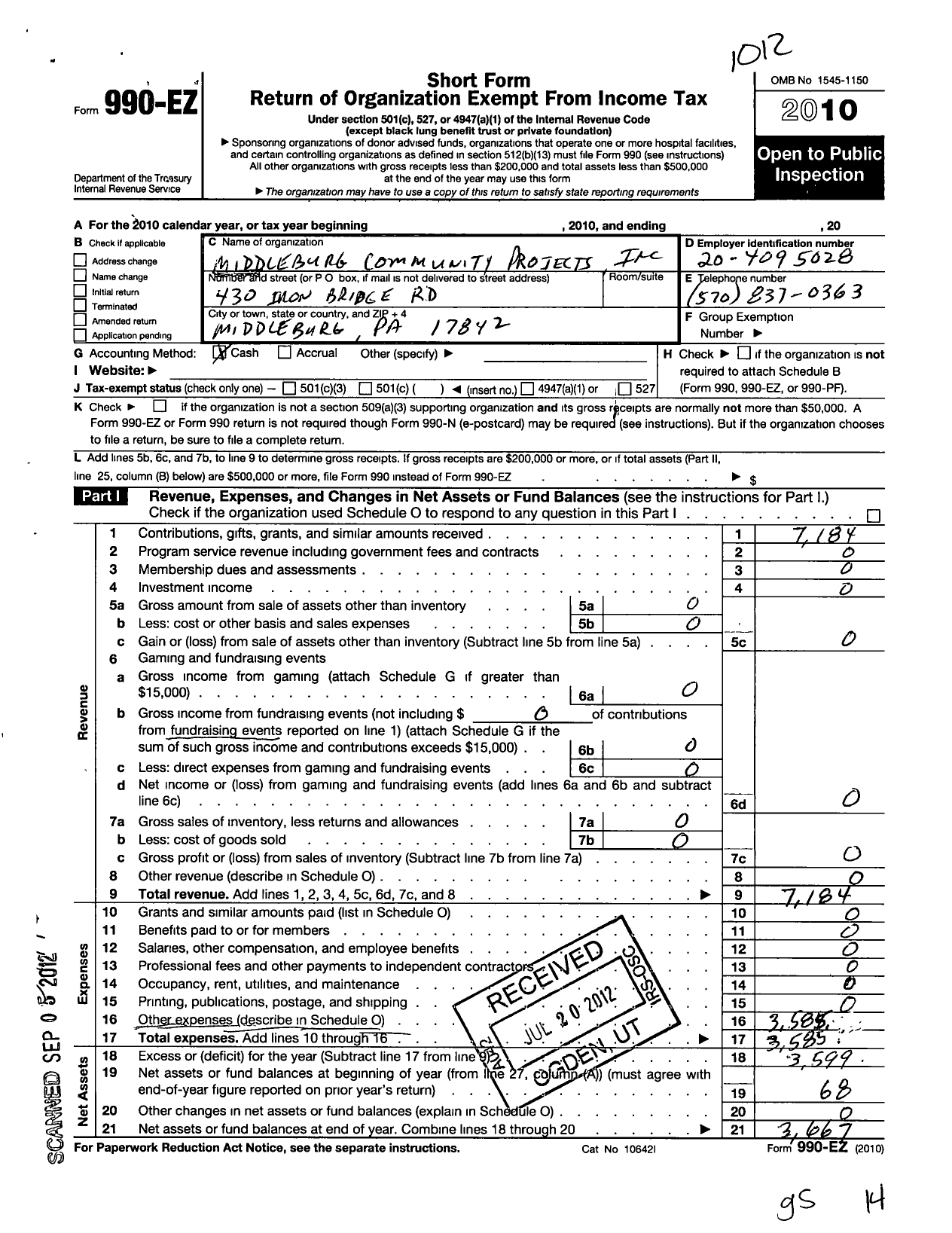 Image of first page of 2010 Form 990EO for Middleburg Community Projects Incorporated