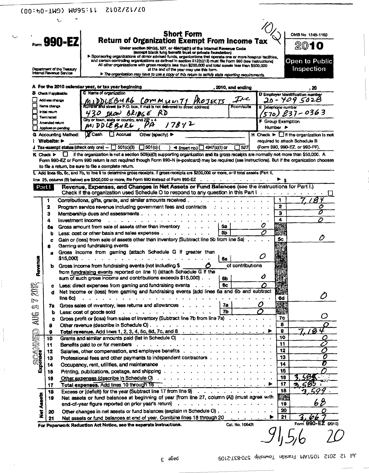 Image of first page of 2010 Form 990EO for Middleburg Community Projects Incorporated