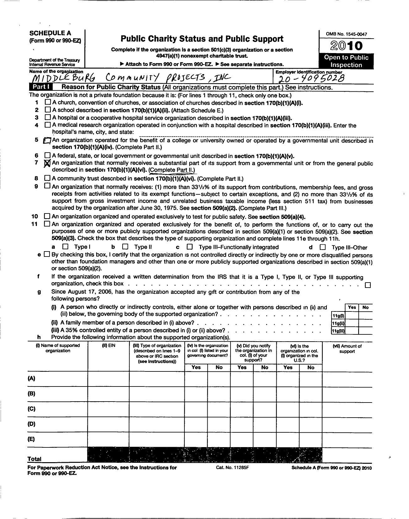 Image of first page of 2010 Form 990ER for Middleburg Community Projects Incorporated