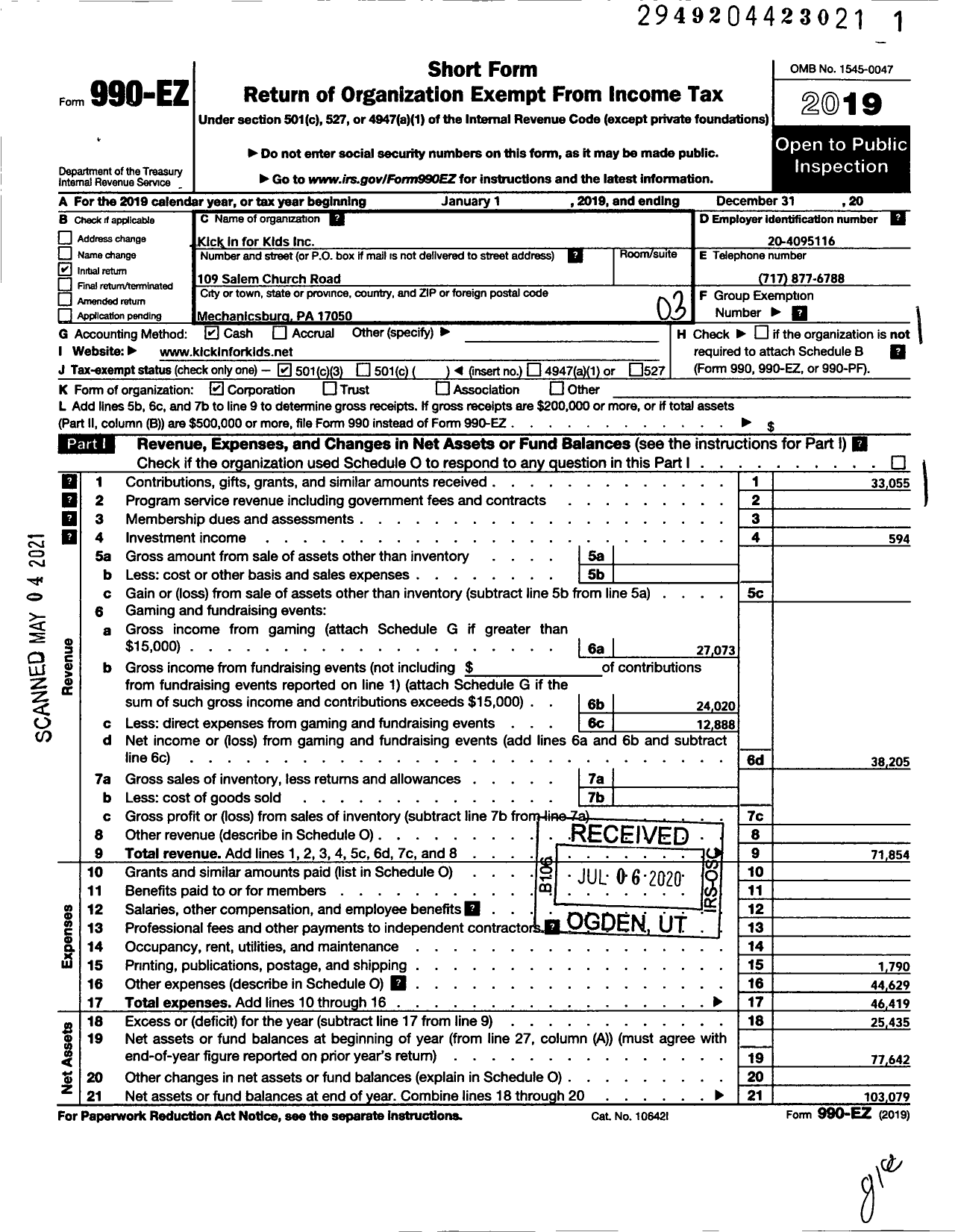 Image of first page of 2019 Form 990EZ for Kick in for Kids Incorporated