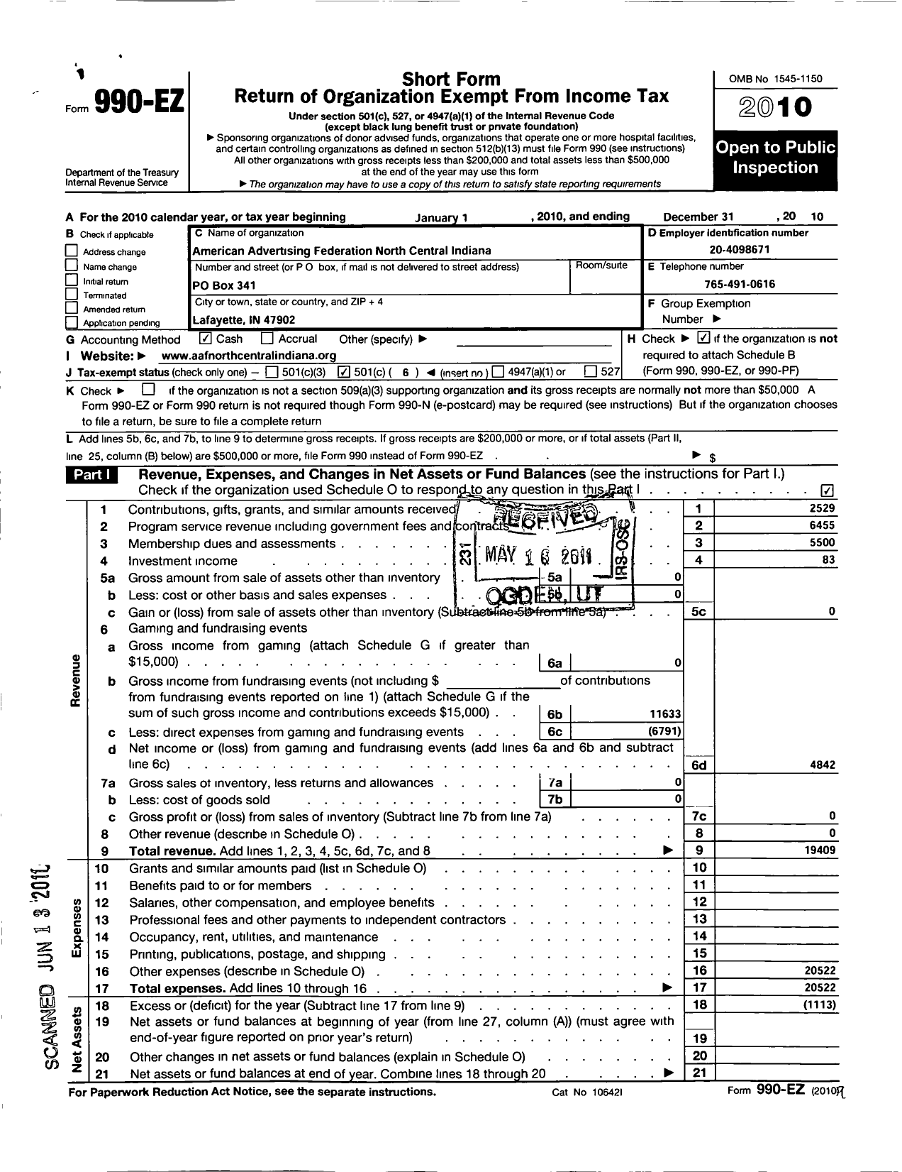 Image of first page of 2010 Form 990EO for American Advertising Federation