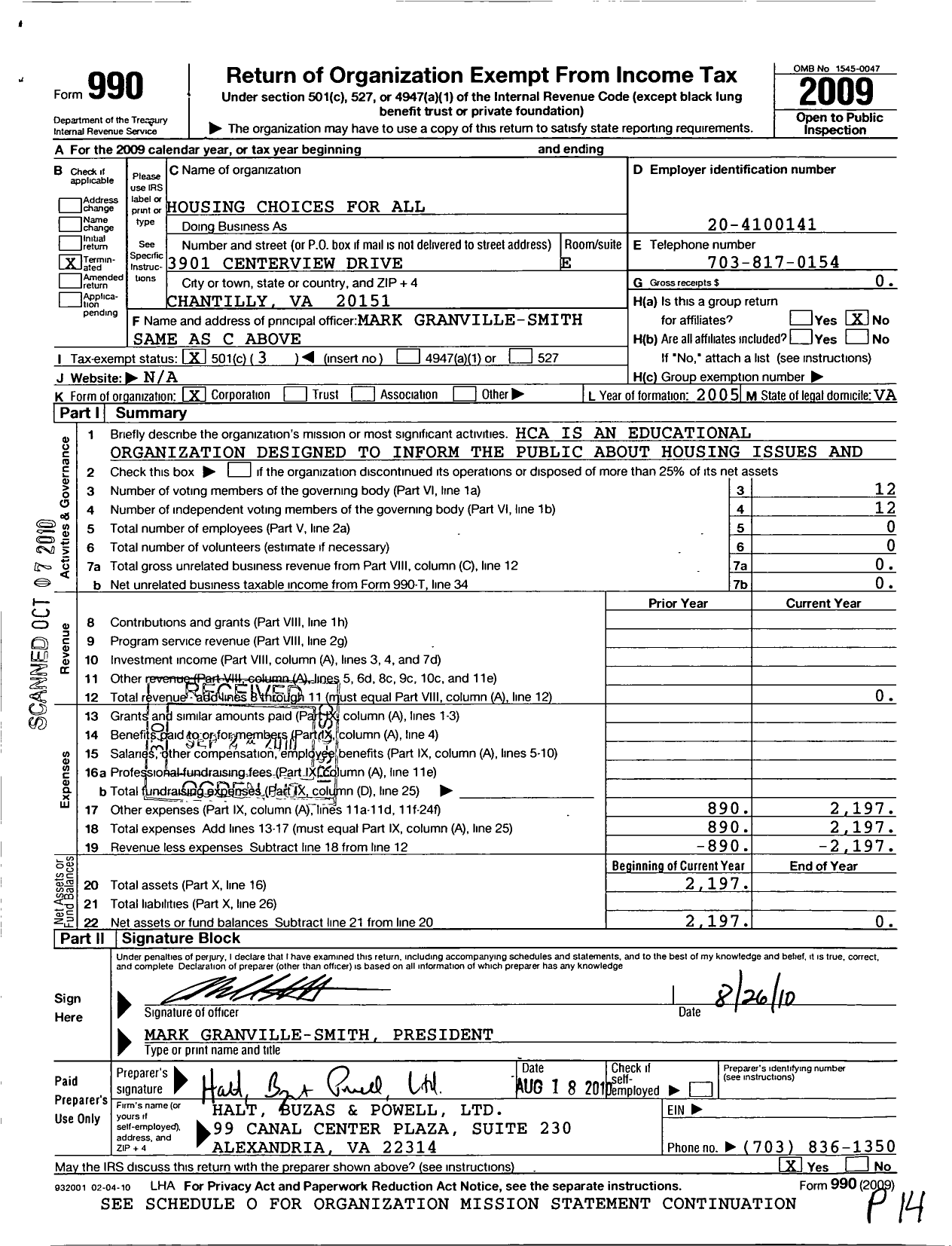 Image of first page of 2009 Form 990 for Housing Choices for All