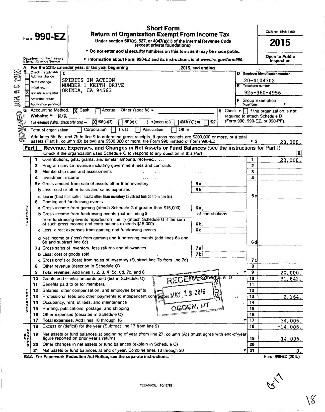 Image of first page of 2015 Form 990EZ for Spirits in Action