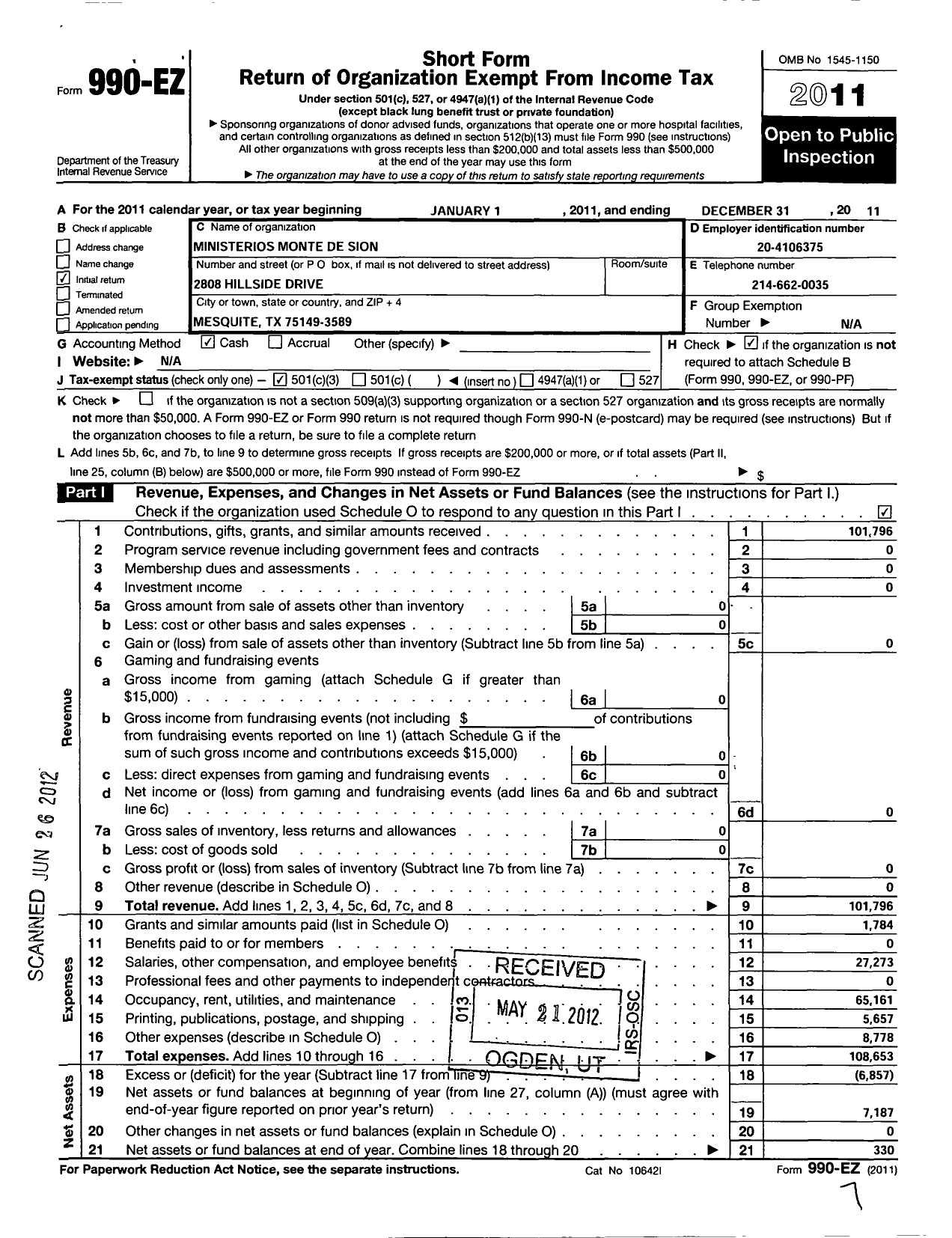 Image of first page of 2011 Form 990EZ for Ministerios Monte de Sion