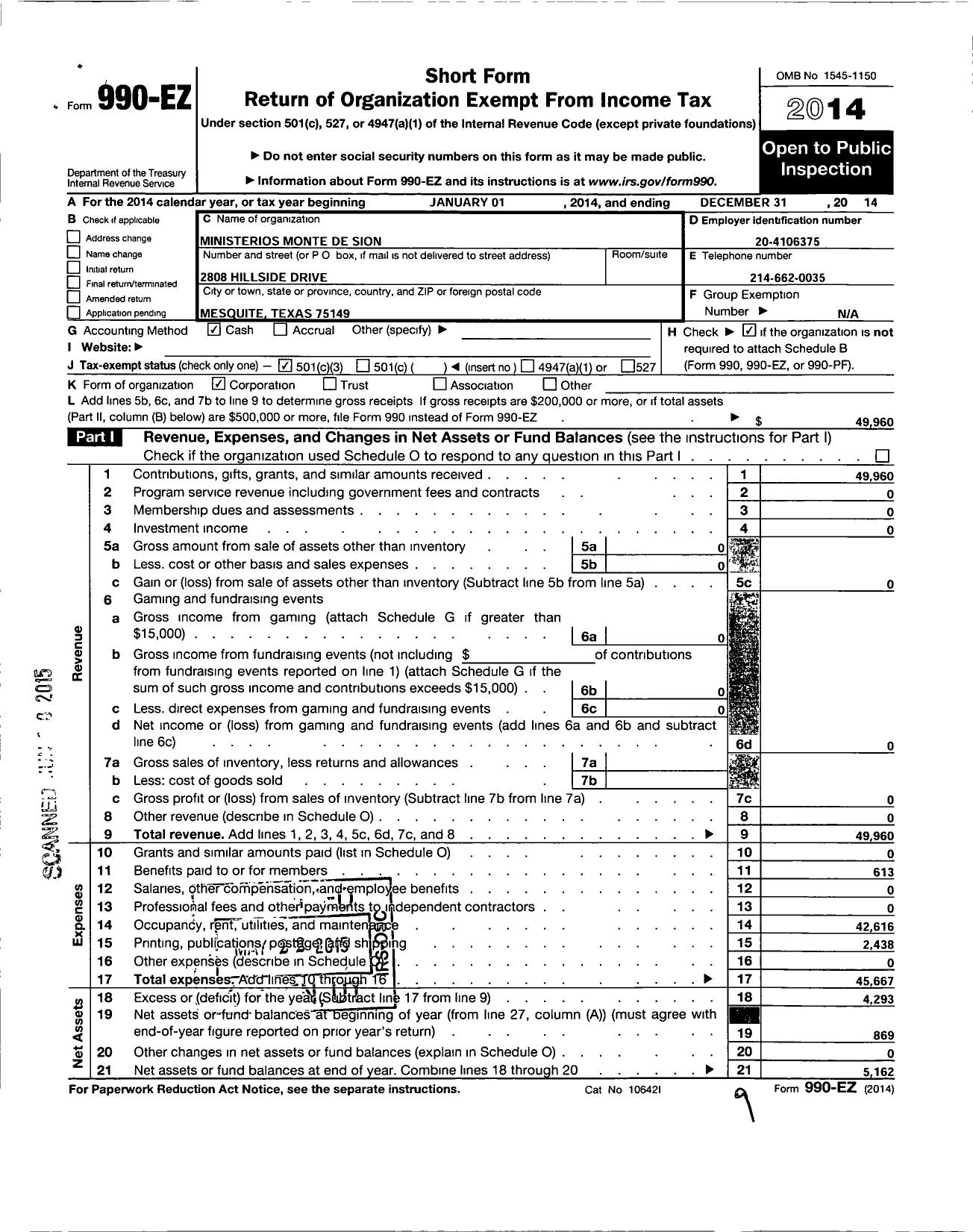 Image of first page of 2014 Form 990EZ for Ministerios Monte de Sion