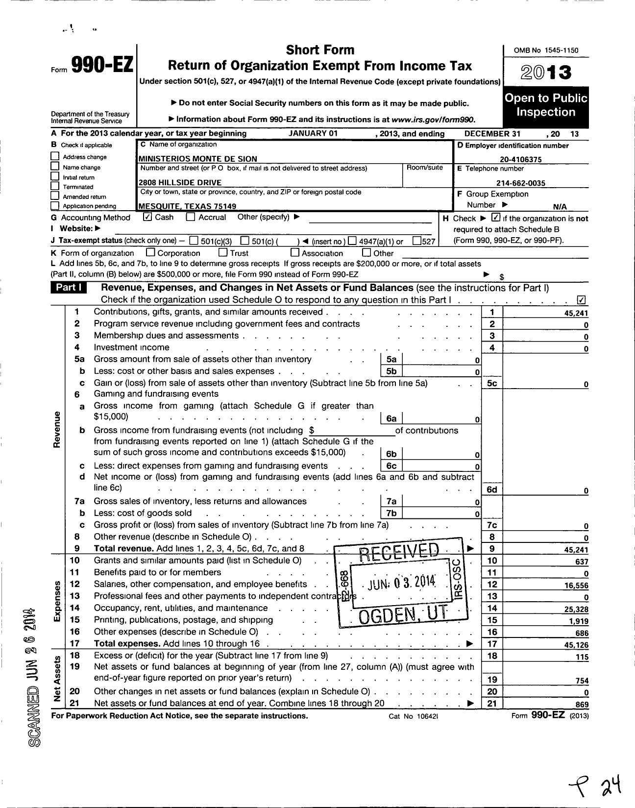 Image of first page of 2013 Form 990EO for Ministerios Monte de Sion