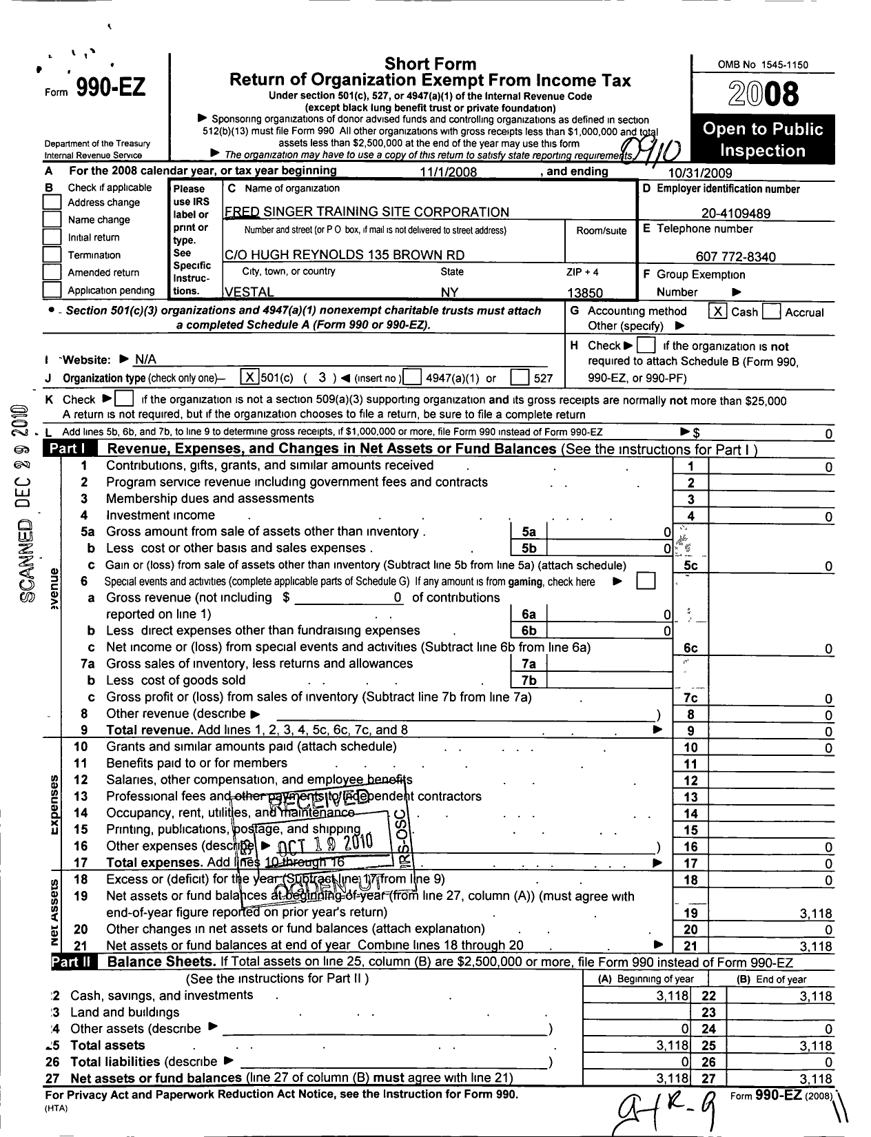 Image of first page of 2008 Form 990EZ for Fred Singer Training Site Corporation