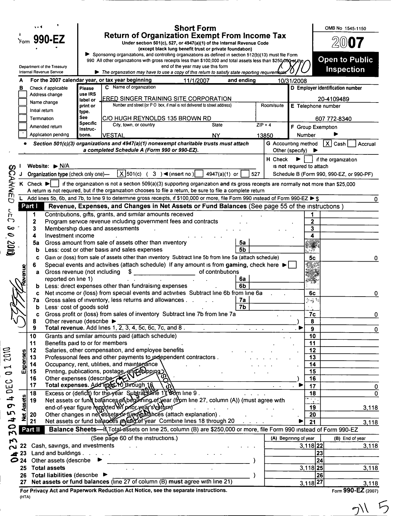 Image of first page of 2007 Form 990EZ for Fred Singer Training Site Corporation