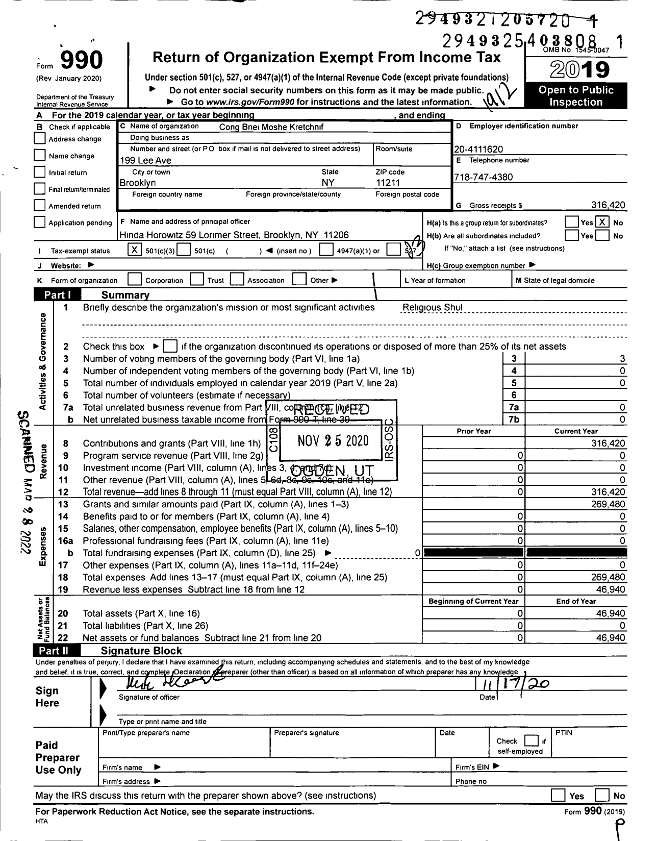 Image of first page of 2019 Form 990 for Bnei Moshe Kretchnif