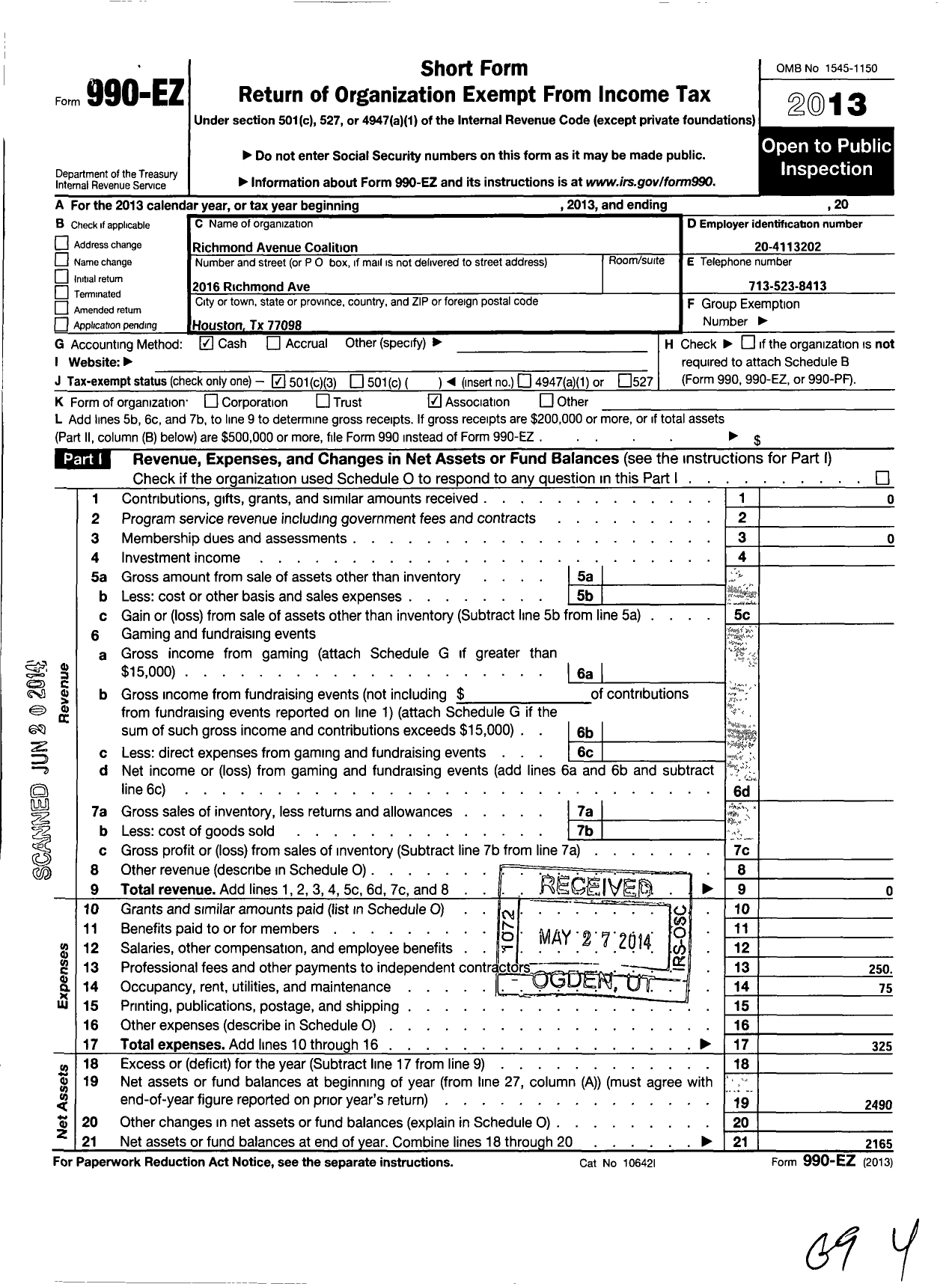 Image of first page of 2013 Form 990EZ for Richmond Avenue Coalition