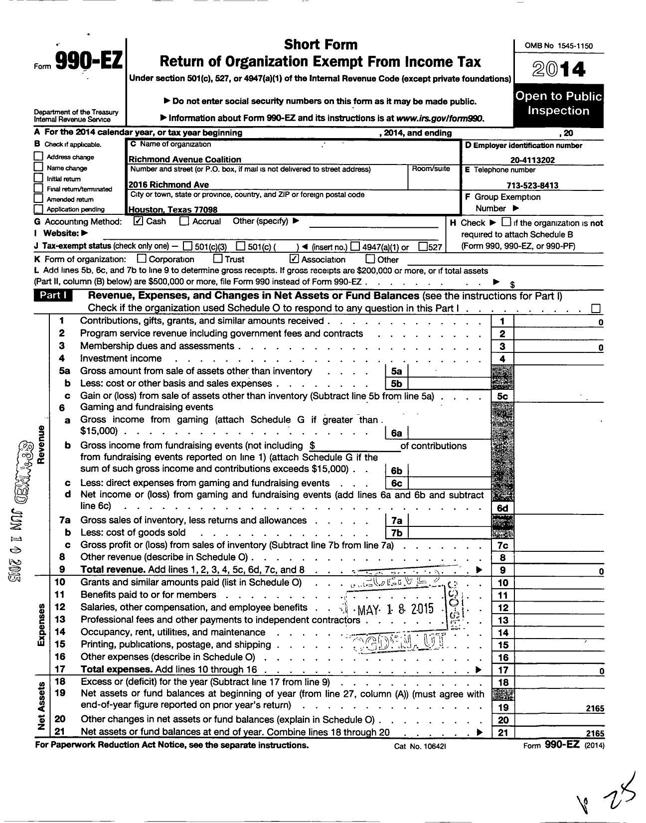 Image of first page of 2014 Form 990EO for Richmond Avenue Coalition