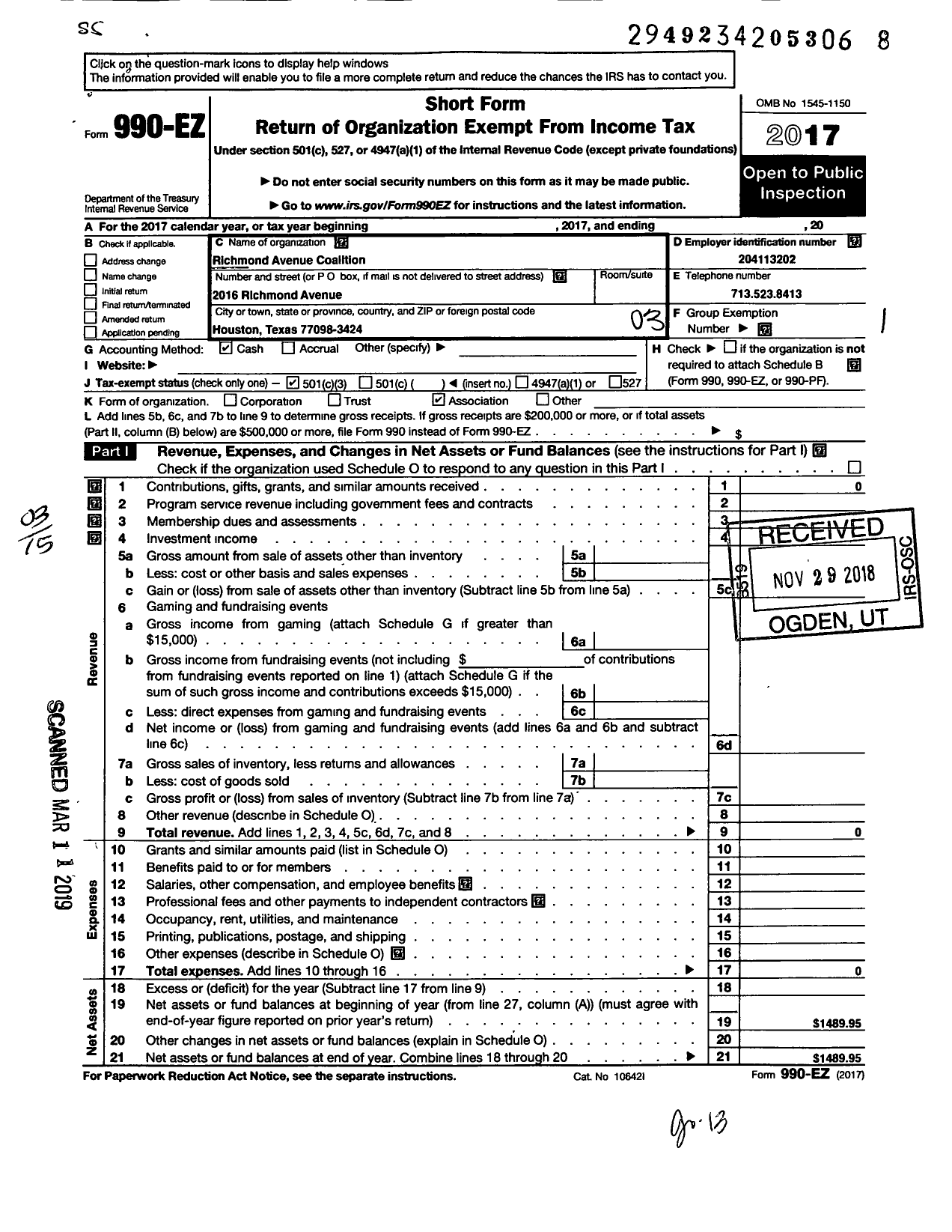 Image of first page of 2017 Form 990EZ for Richmond Avenue Coalition