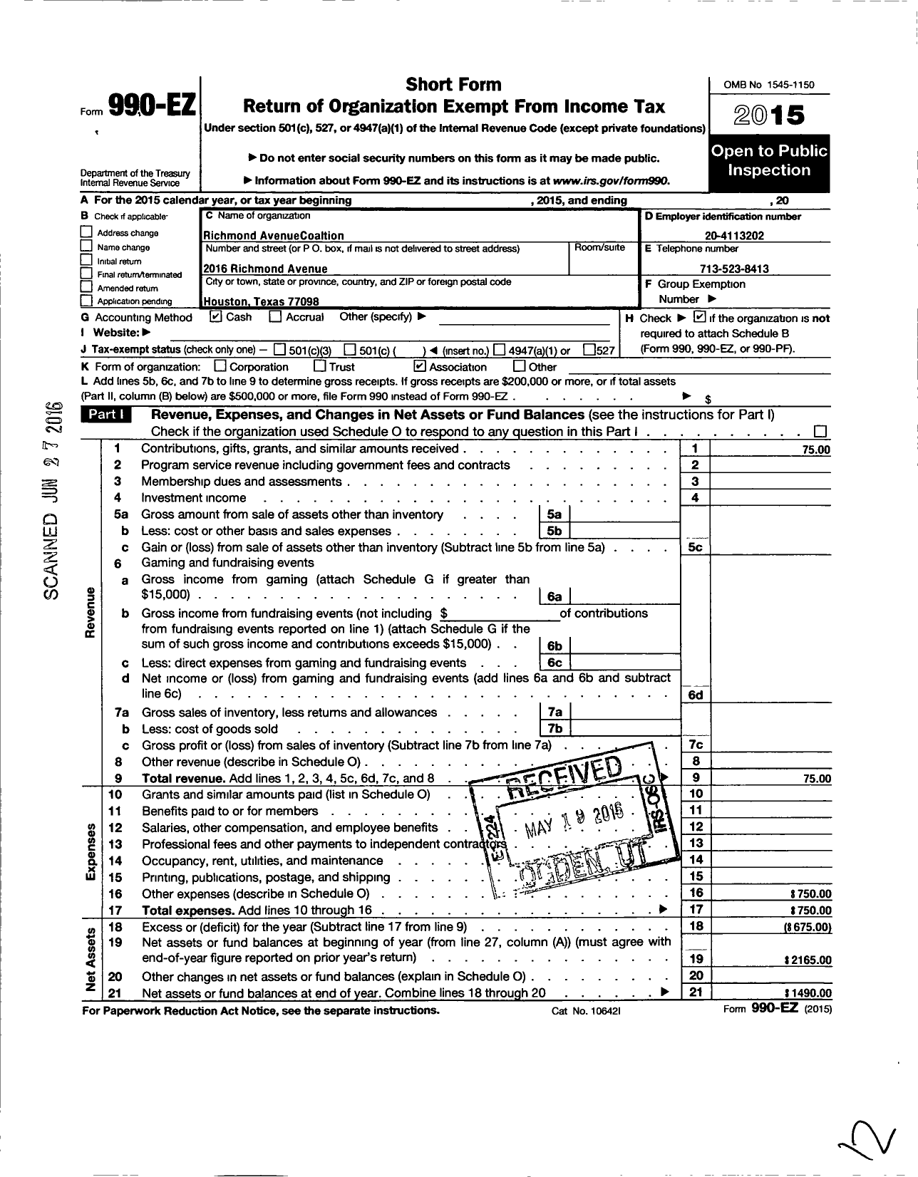 Image of first page of 2015 Form 990EO for Richmond Avenue Coalition