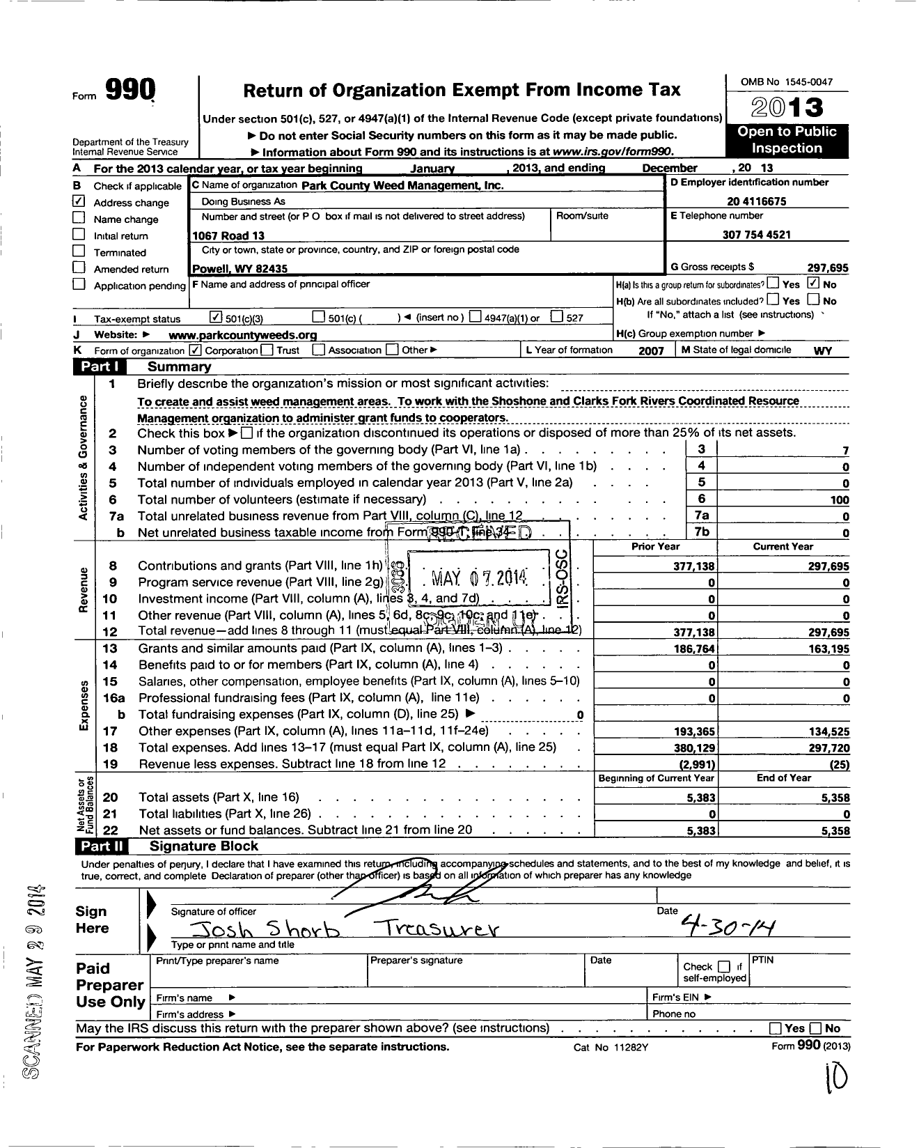 Image of first page of 2013 Form 990 for Park County Weed Management