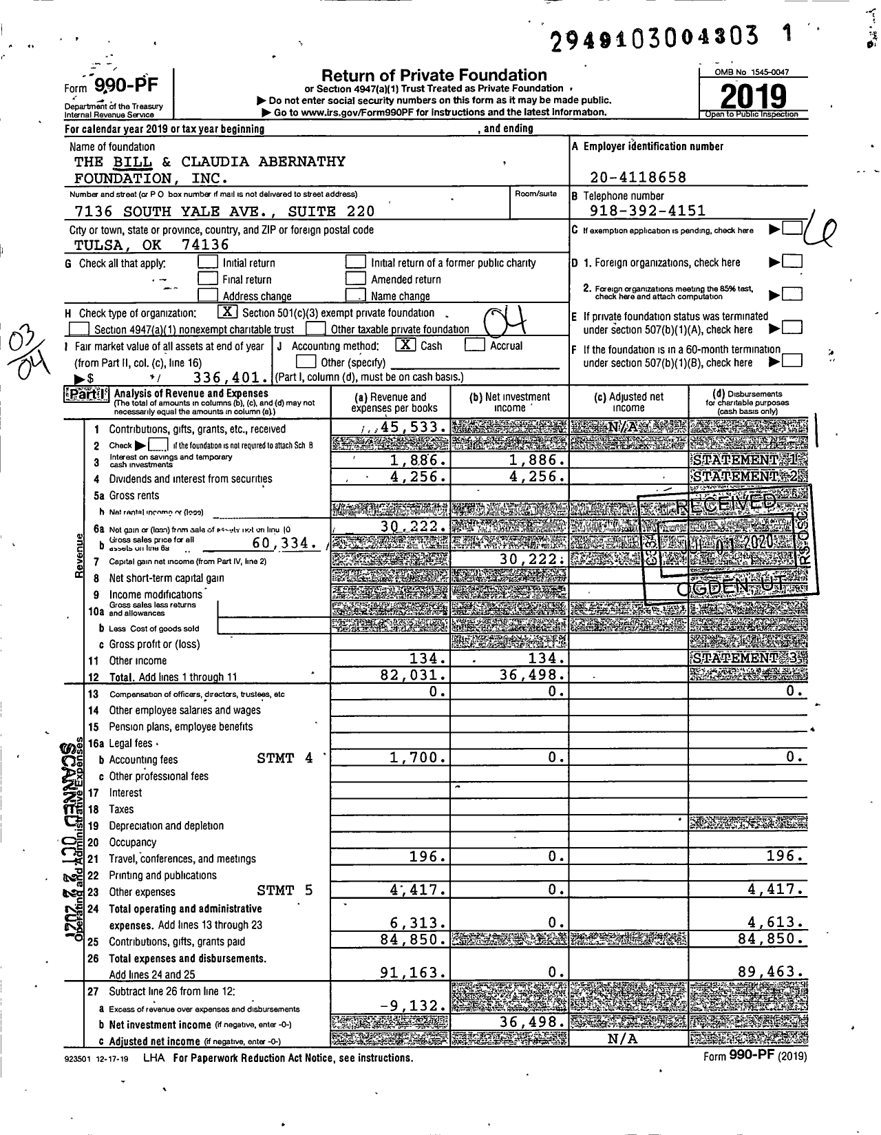 Image of first page of 2019 Form 990PF for The Bill and Claudia Abernathy Foundation