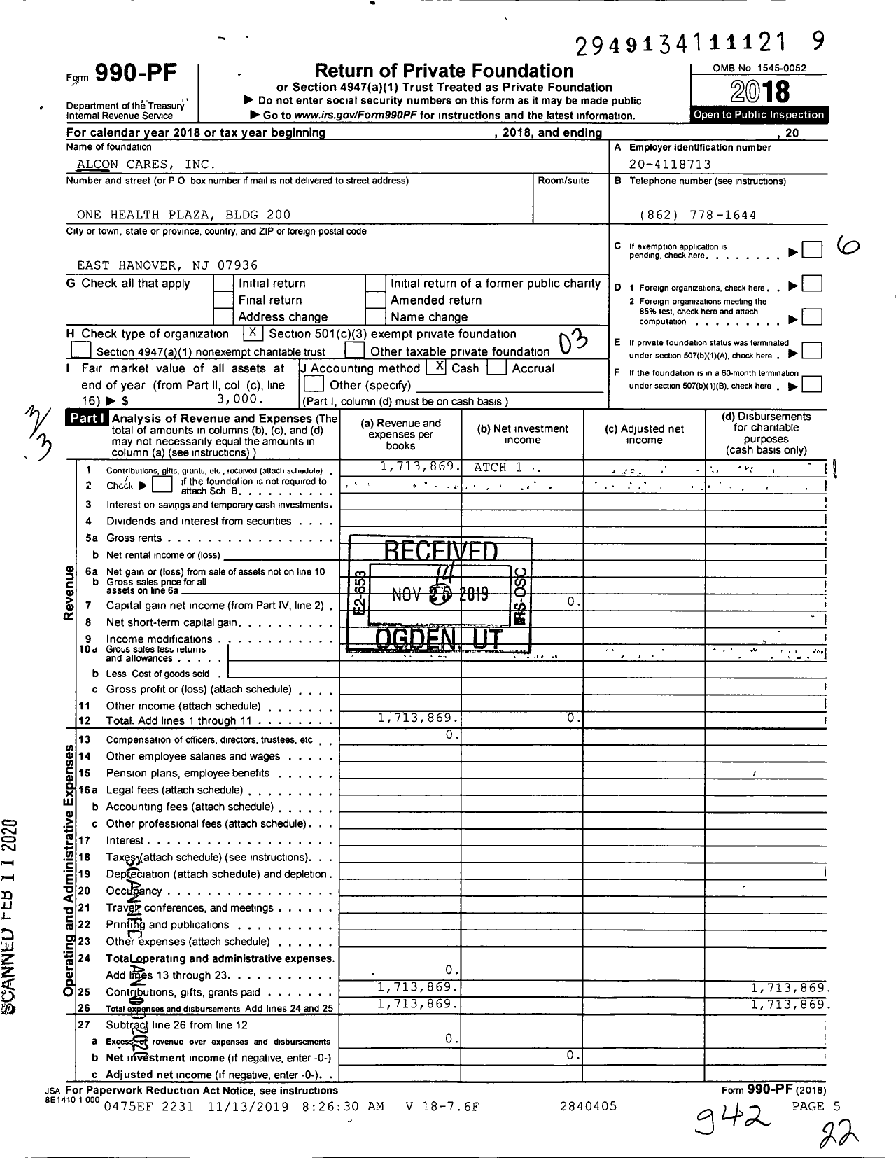 Image of first page of 2018 Form 990PF for Alcon Cares