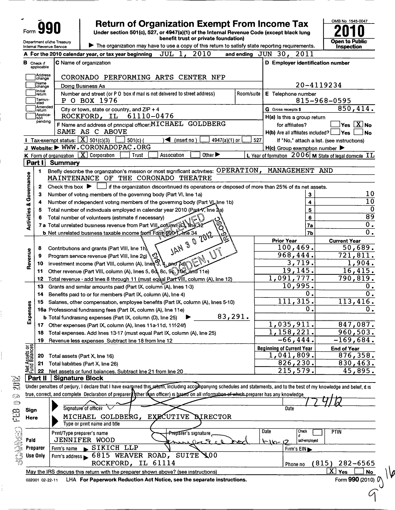 Image of first page of 2010 Form 990 for Coronado Performing Arts Center NFP