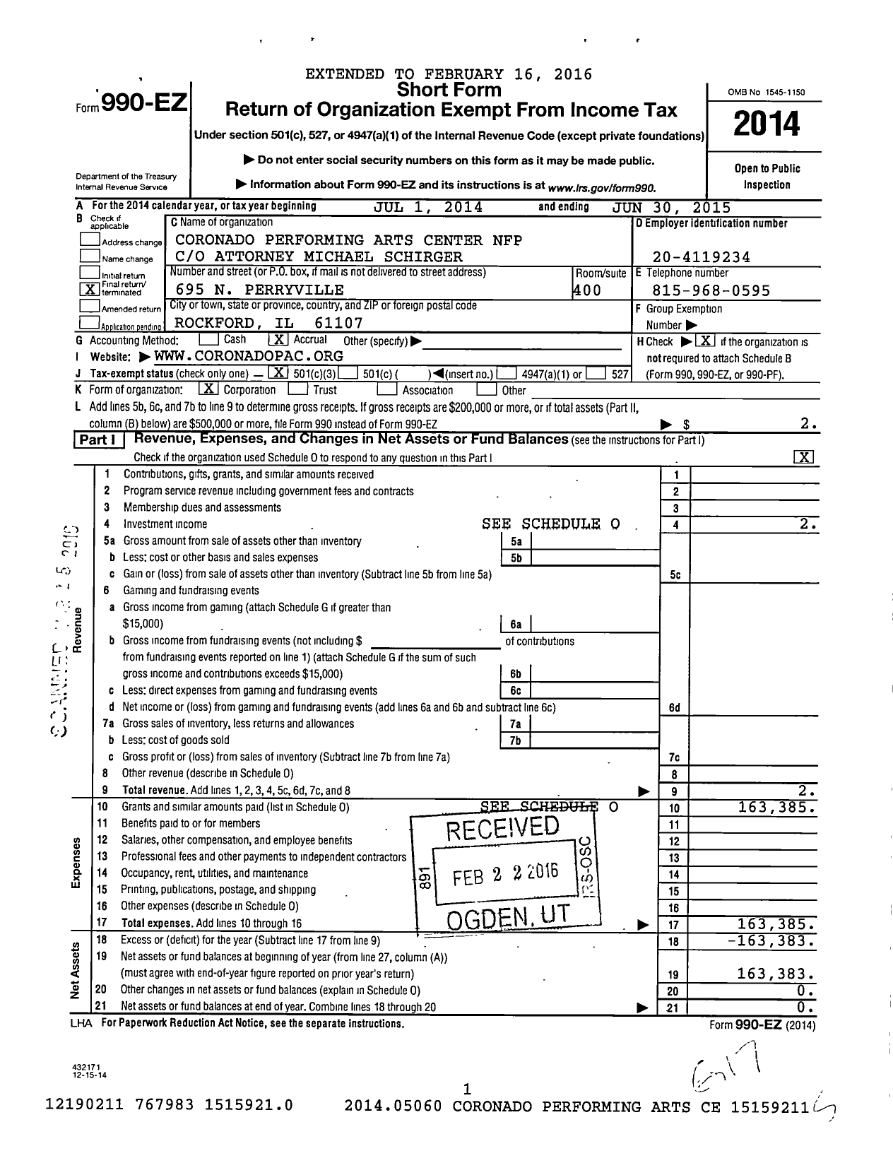 Image of first page of 2014 Form 990EZ for Coronado Performing Arts Center NFP