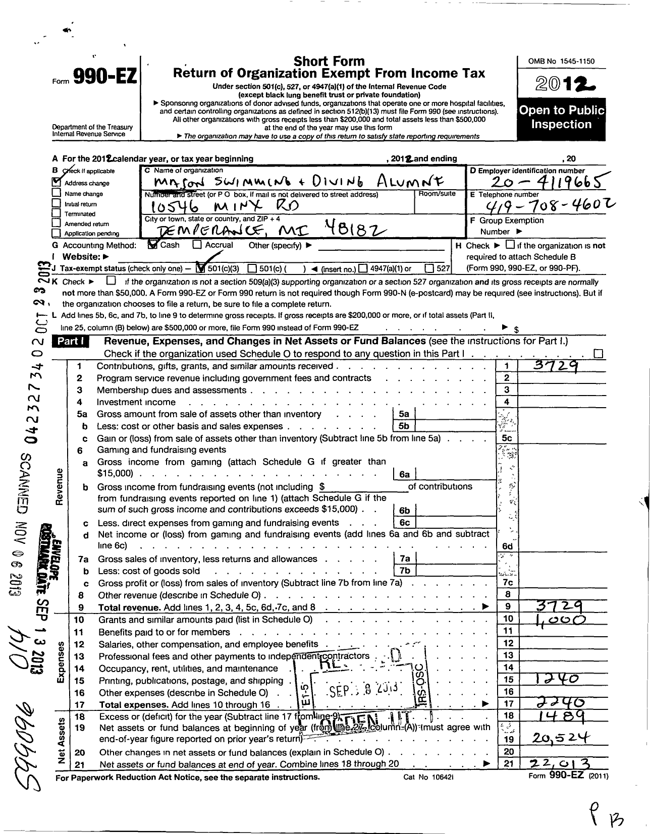 Image of first page of 2012 Form 990EZ for Mason Swimming and Diving Alumni Association