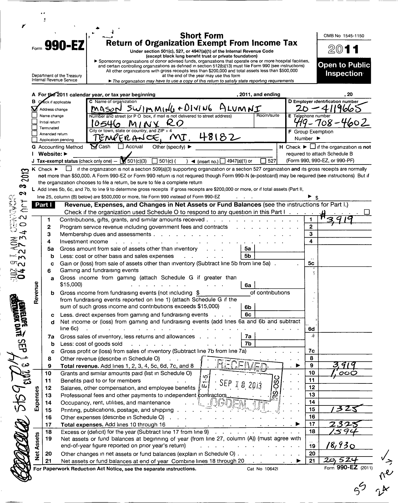 Image of first page of 2011 Form 990EZ for Mason Swimming and Diving Alumni Association