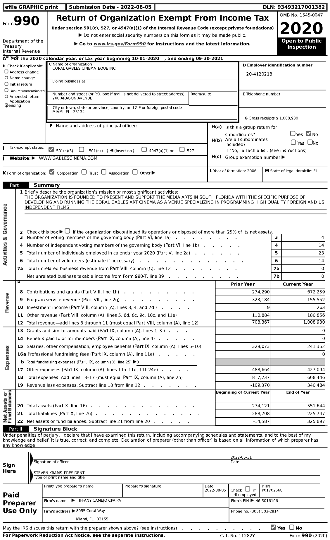 Image of first page of 2020 Form 990 for Coral Gables Cinemateque