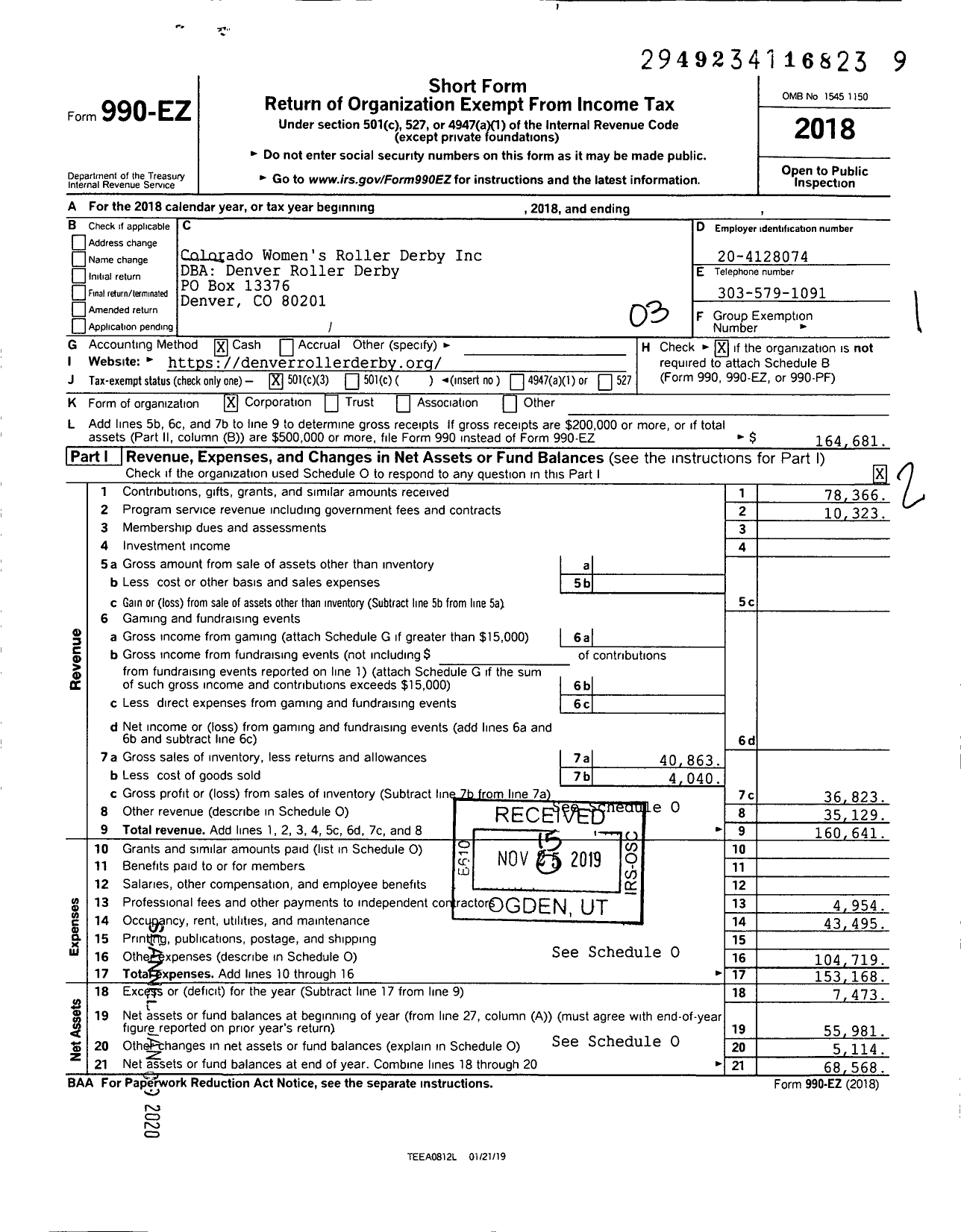 Image of first page of 2018 Form 990EZ for Colorado Women's Roller Derby