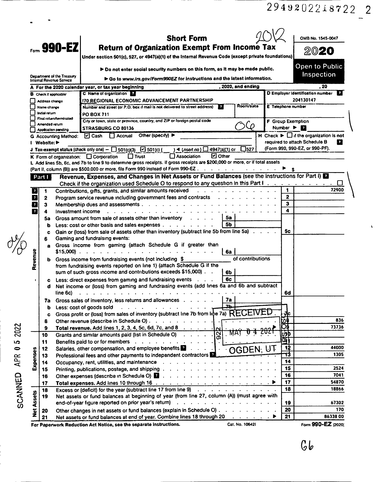 Image of first page of 2020 Form 990EO for I-70 Regional Economic Advancement Partnership