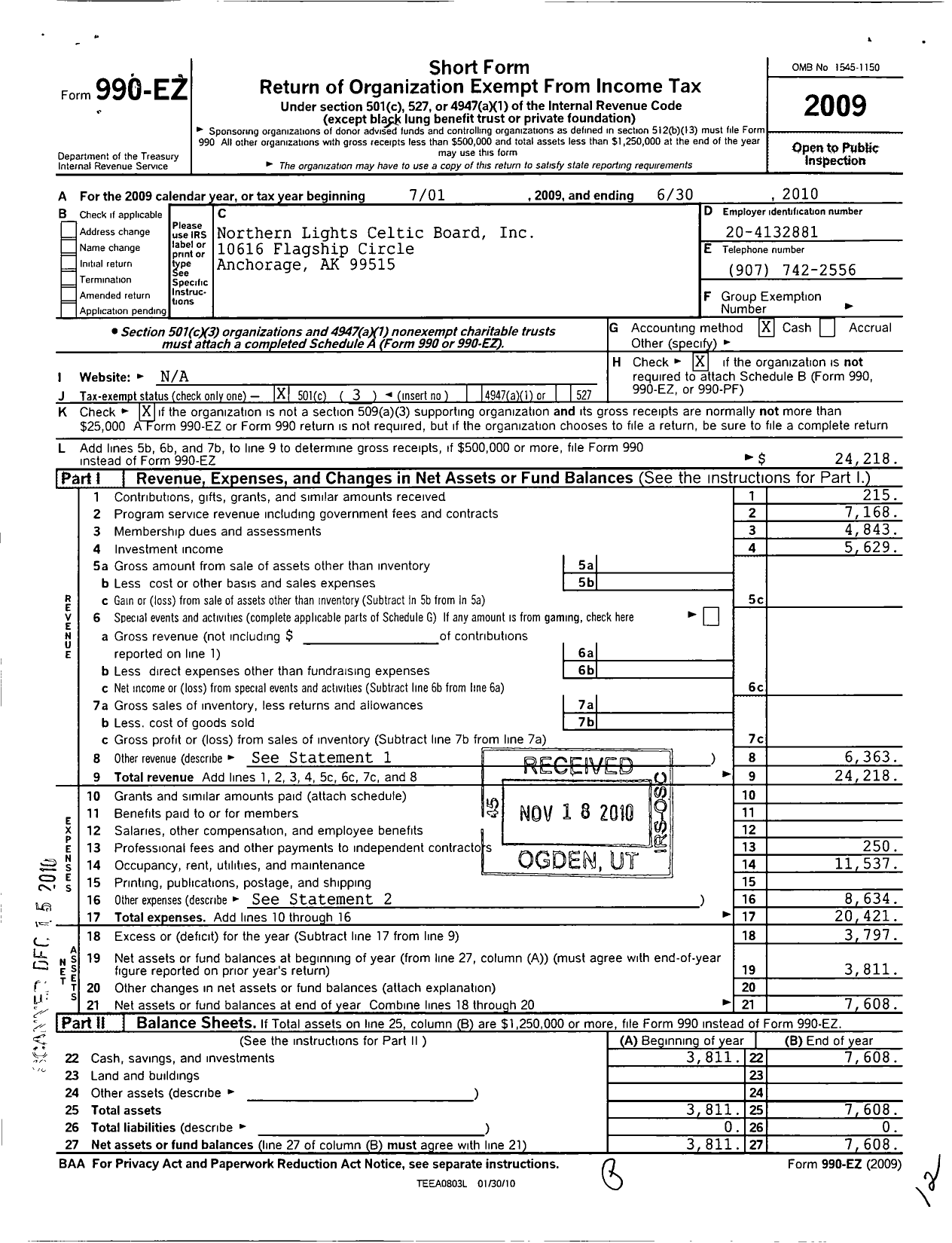 Image of first page of 2009 Form 990EZ for Northern Lights Celtic Board