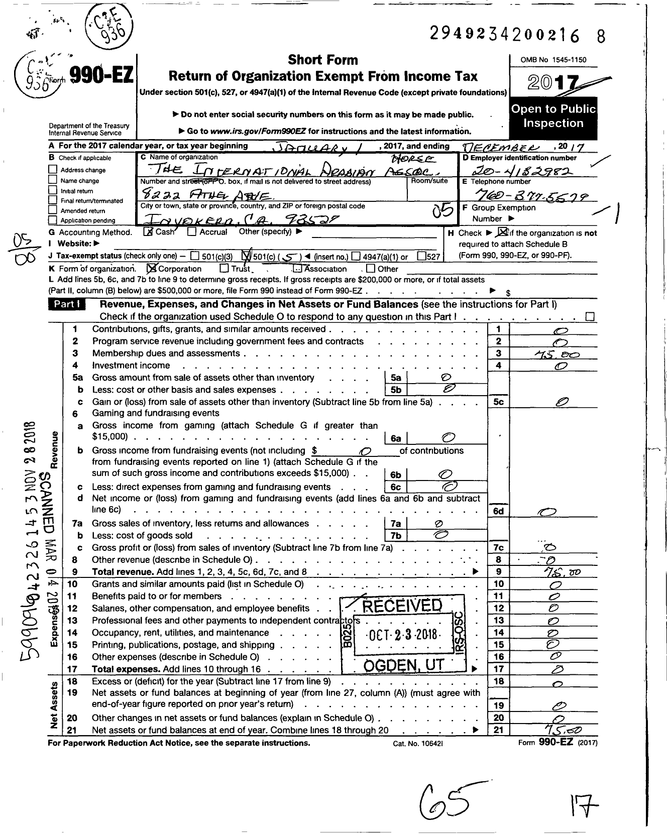 Image of first page of 2017 Form 990EO for International Arabian Horse Association