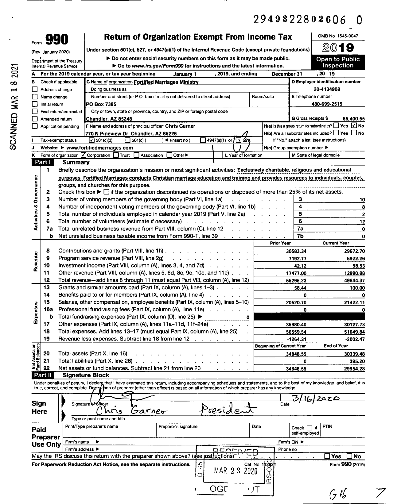 Image of first page of 2019 Form 990 for Fortified Marriages Ministry