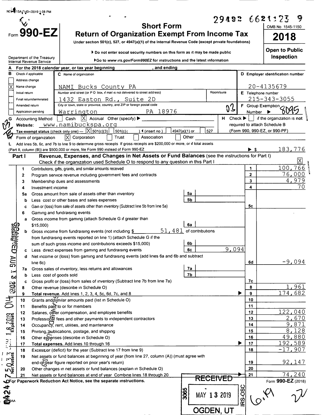 Image of first page of 2018 Form 990EZ for Nami Bucks County Pa