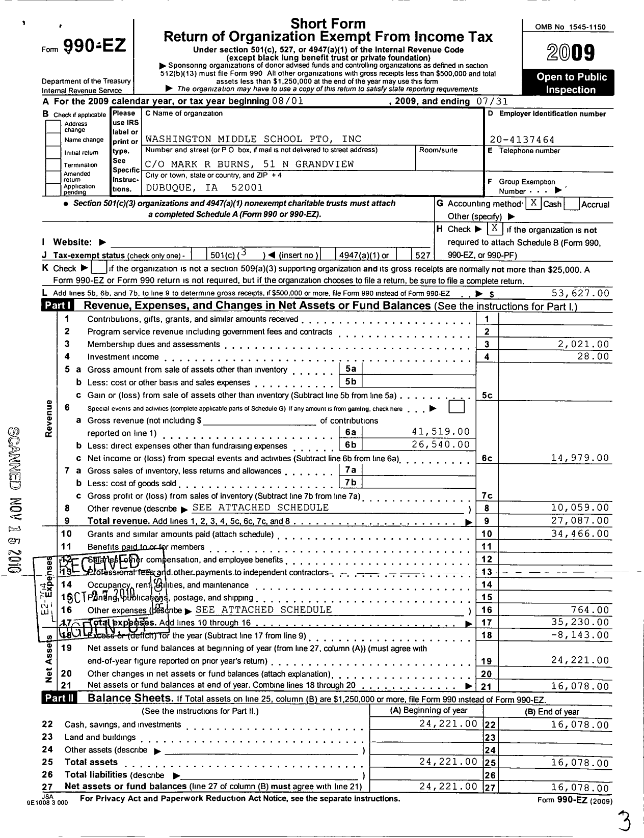 Image of first page of 2008 Form 990EZ for Washington Middle School Pto