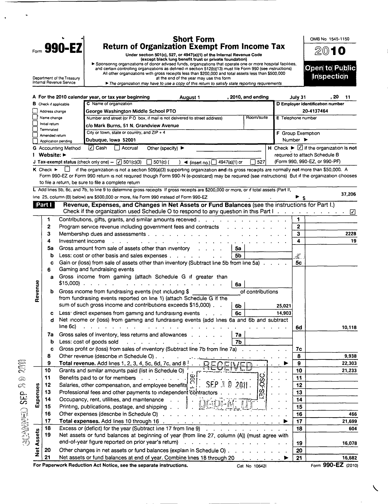 Image of first page of 2010 Form 990EZ for Washington Middle School Pto