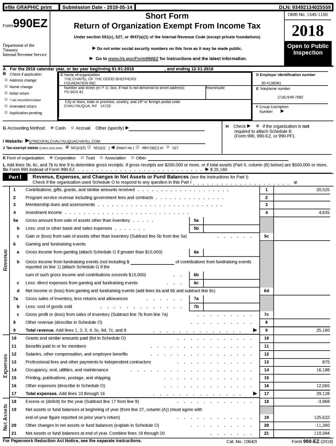 Image of first page of 2018 Form 990EZ for The Chapel of the Good Shepard Foundation