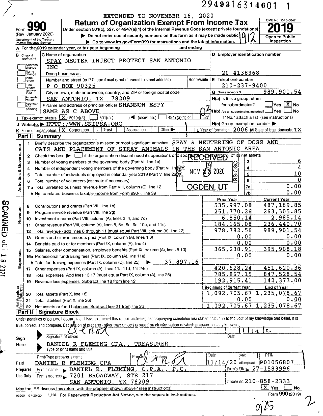 Image of first page of 2019 Form 990 for Spay Neuter Inject Protect San Antonio (SNIPSA)