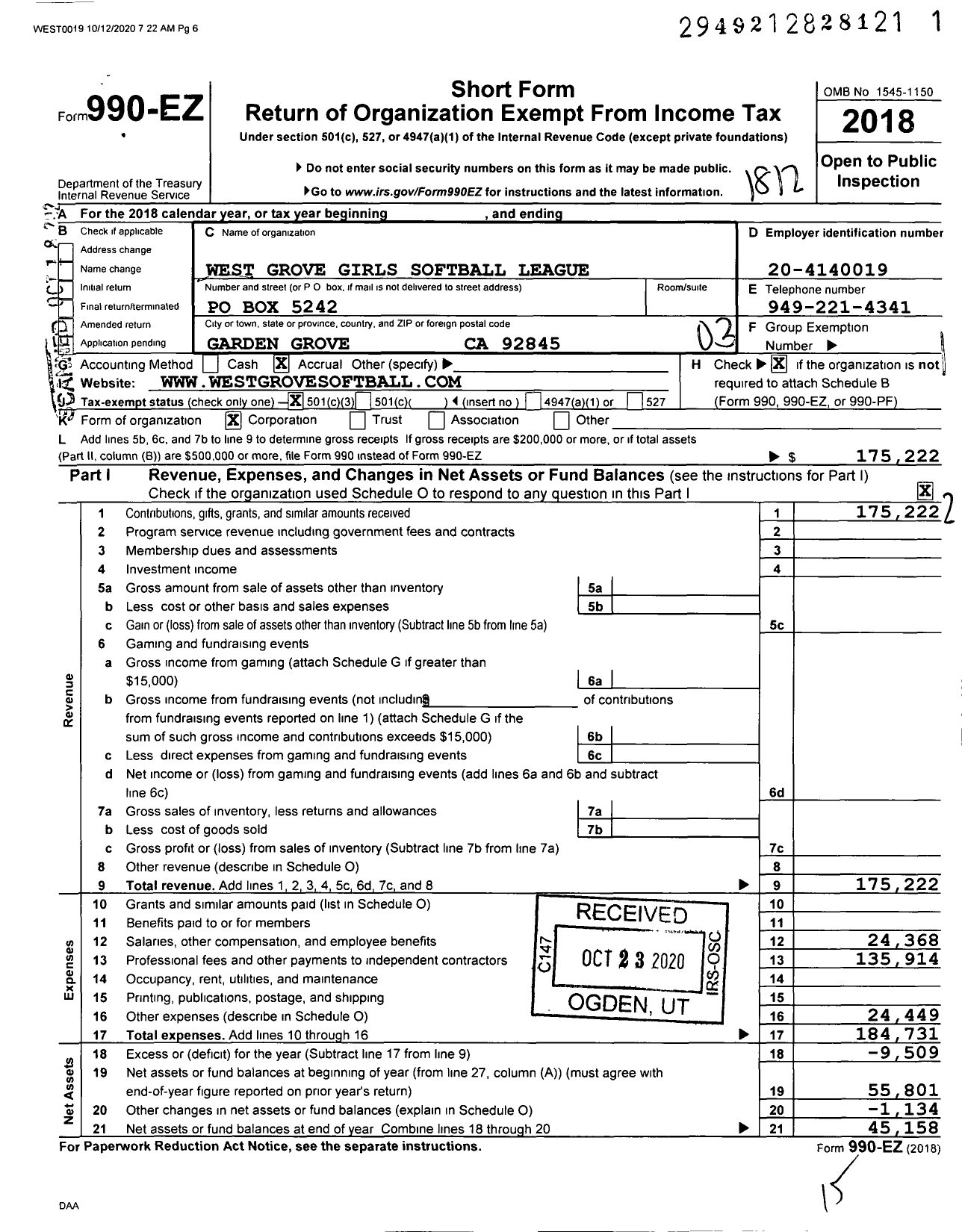 Image of first page of 2018 Form 990EZ for West Grove Girls Softball League